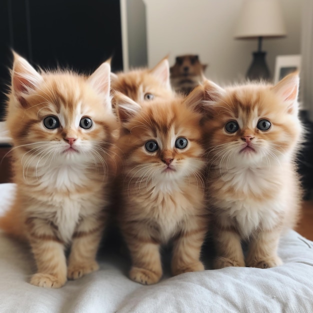 Três gatinhos estão sentados em uma cama, um dos quais é o menor.