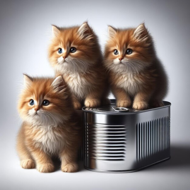 Foto três gatinhos fofinhos bonitos sentados perto de uma lata de lata sem etiqueta em um fundo branco
