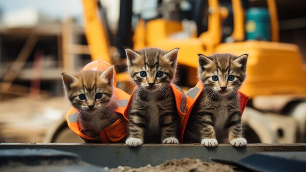 Três gatinhos sentados em cima de uma pilha de sujeira