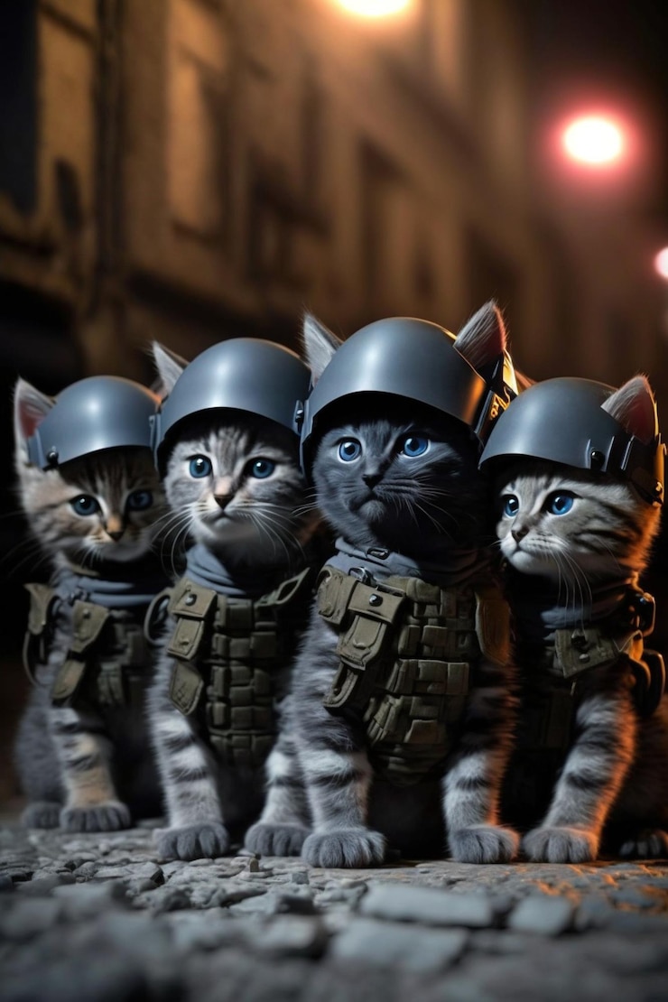Foto três gatinhos usando capacetes e estão alinhados em uma fileira generativa ai