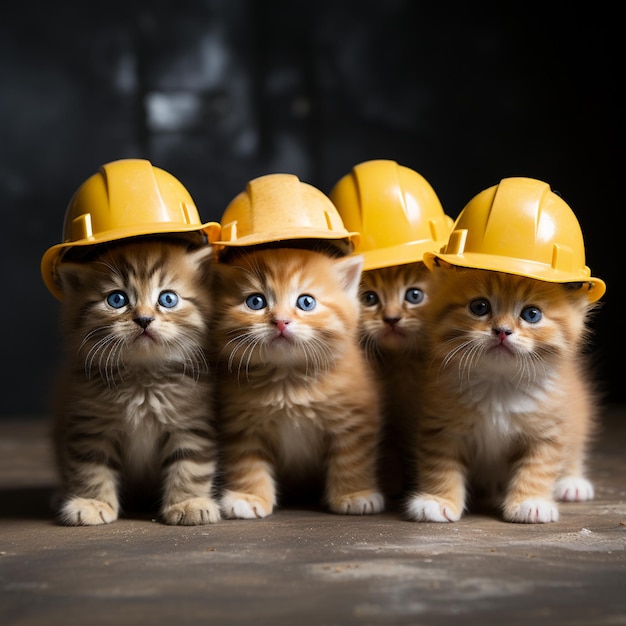 Três gatinhos usando chapéus duros sentados em uma mesa generativa ai