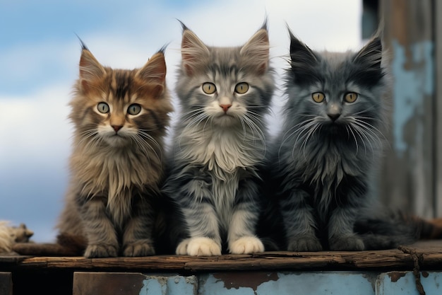 Foto tres gatitos adorables con pelaje esponjoso sentados muy juntos