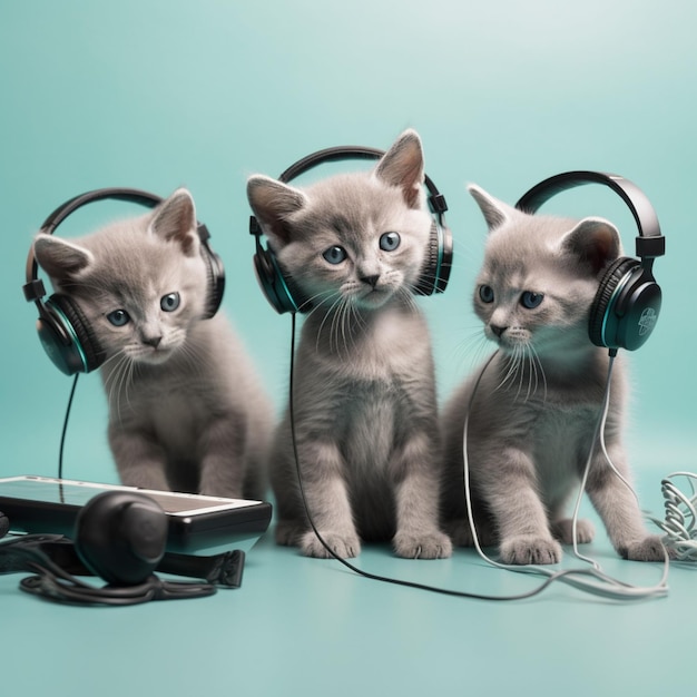 Tres gatitos con auriculares sentados junto a una computadora portátil y un teléfono generativo ai