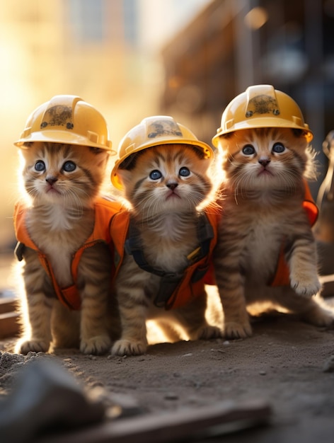 tres gatitos con cascos de seguridad sentados en un sitio de construcción generativo ai