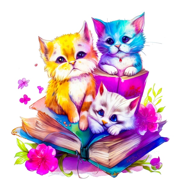 Tres gatitos están sentados encima del libro IA generativa