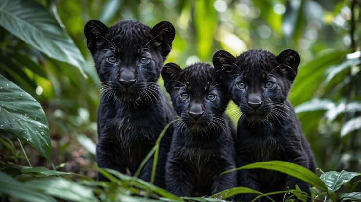 tres gatitos negros están de pie en la hierba