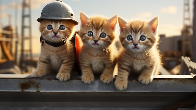 tres gatitos sentados en un carril con un casco en un ai generativo