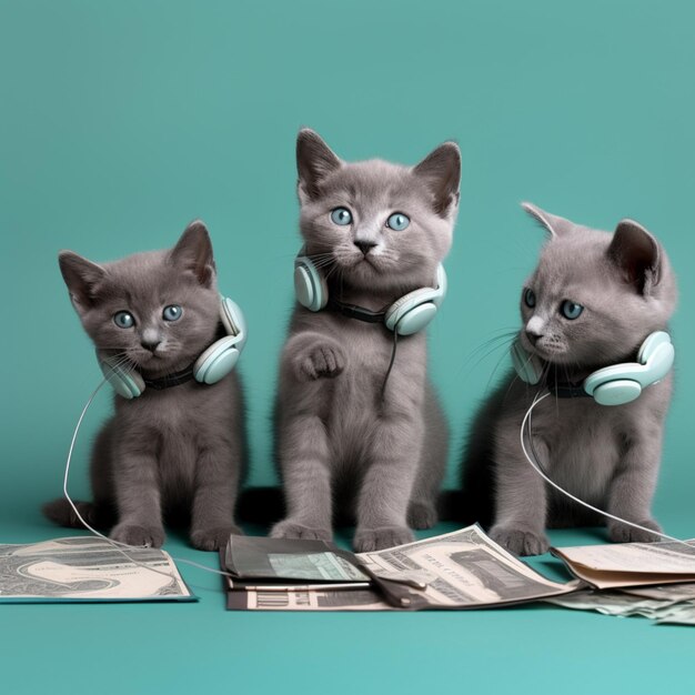 Tres gatitos sentados encima de una pila de periódicos con auriculares en ai generativo