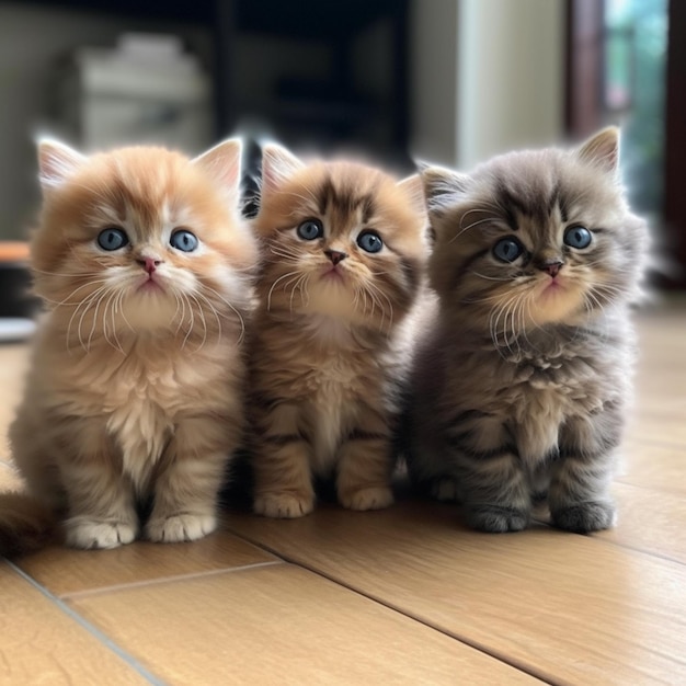 Tres gatitos se sientan en el suelo, uno de los cuales es azul.