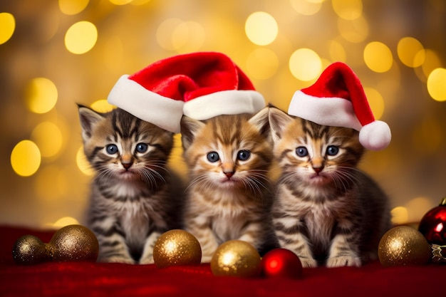 Tres gatitos con sombreros de Santa se sientan frente al fondo dorado