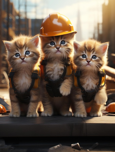 tres gatitos con sombreros de seguridad y arnés en un sitio de construcción generativo ai
