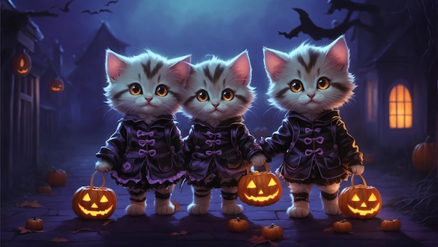 Tres gatitos yendo juntos a Trick or Treats