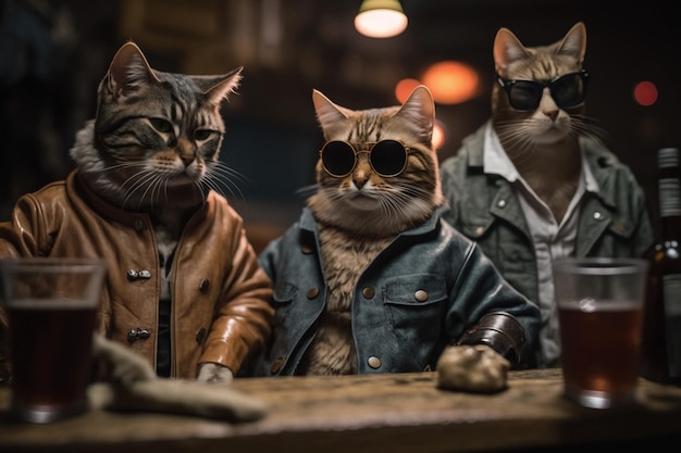 Tres gatos en un bar con chaquetas de cuero y gafas de sol.
