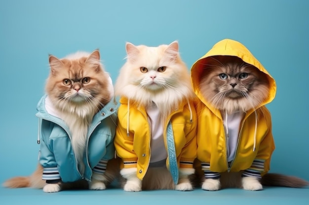 Três gatos elegantes em bombardeiros coloridos