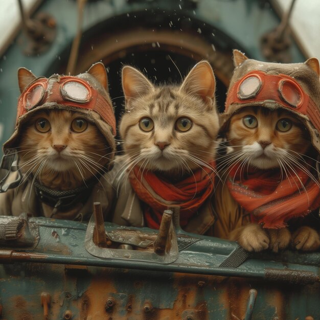 Três gatos em equipamento de piloto antigo submarino aventura chuva lenço de gengibre