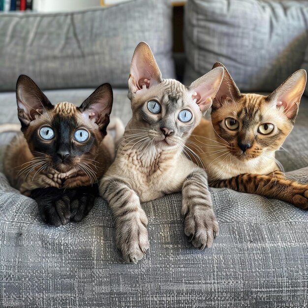 Foto três gatos estão deitados em um sofá com um com olhos azuis e um tem olhos azul