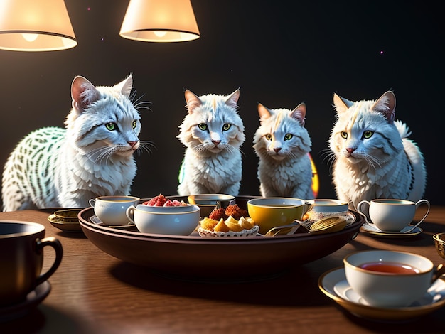 Três gatos estão sentados em uma mesa com um prato de comida.
