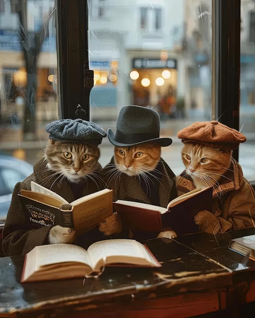 Três gatos estão sentados em uma mesa lendo um livro