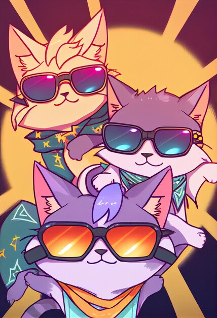 Tres gatos geniales y elegantes con gafas posando para la cámara Generado por IA