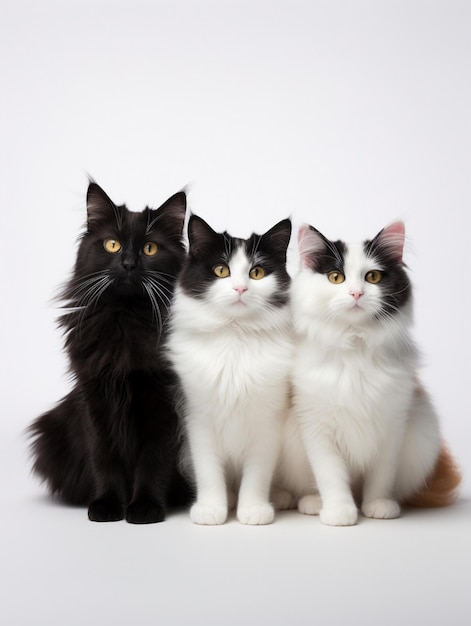 tres gatos con uno negro y uno blanco con un fondo blanco.