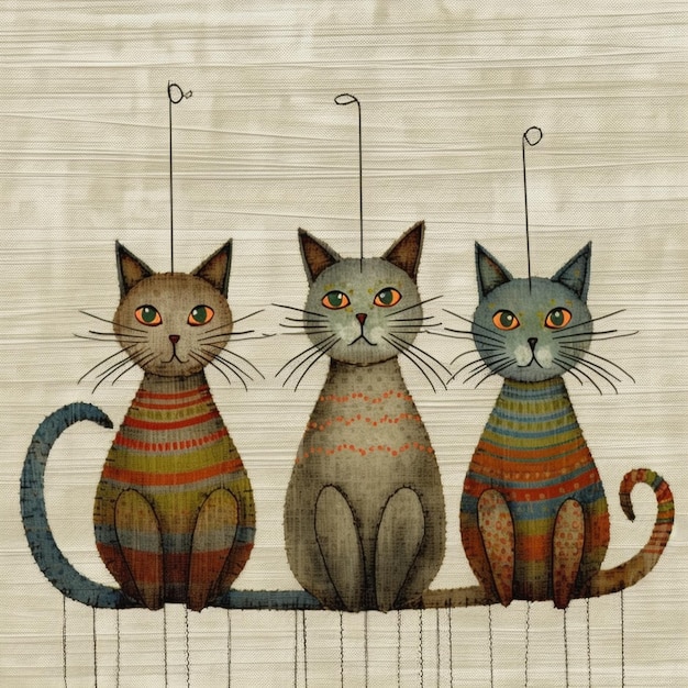 Três gatos sentados em um fio com a palavra gato nele.