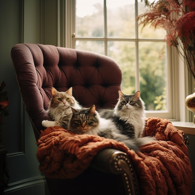 Três gatos sentados em uma cadeira de veludo vermelho
