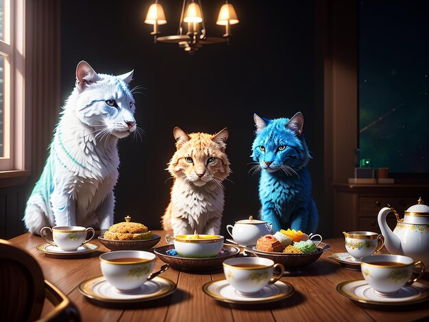 Três gatos sentam-se à mesa com xícaras de chá e xícaras de chá.