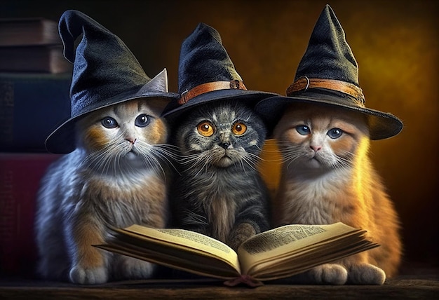 Tres gatos con sombreros de bruja leyendo un libro generado por IA