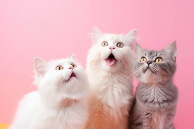 Tres gatos sorprendidos miran hacia la cima