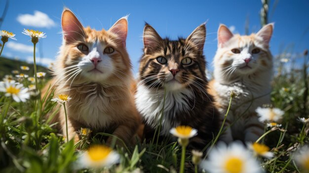 Tres gatos, tres colores, tres razas, relájate y sé feliz, brilla bajo el sol de primavera.