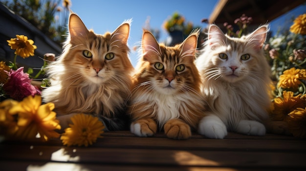 Tres gatos, tres colores, tres razas, relájate y sé feliz, brilla bajo el sol de primavera.