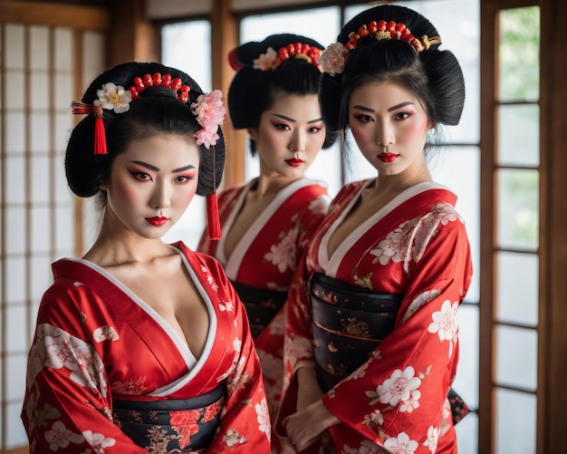 Três geishas em roupas tradicionais japonesas