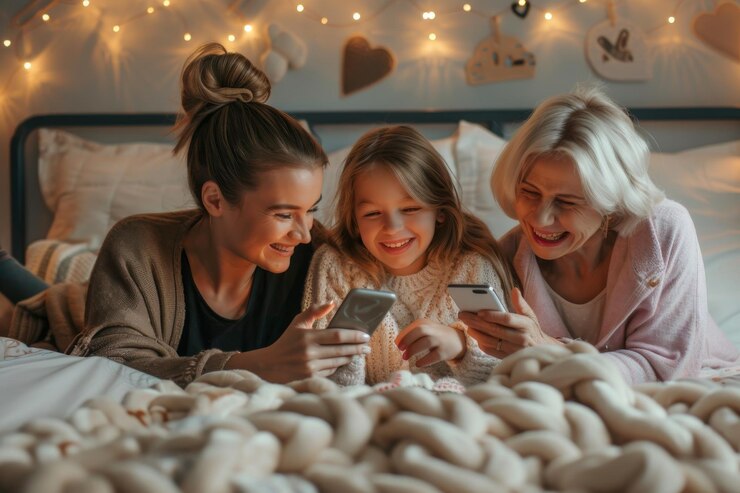 Tres generaciones de mujeres, abuela, madre e hija sonriendo y mirando un teléfono inteligente mientras están acostadas en la cama.