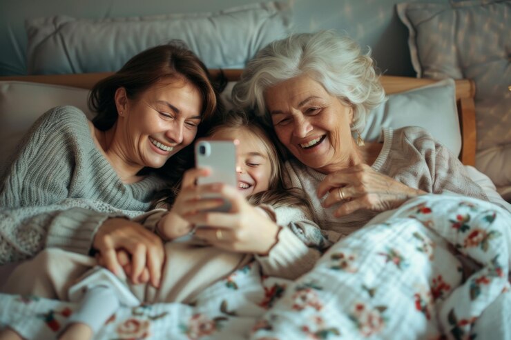 Tres generaciones de mujeres, abuela, madre e hija sonriendo y mirando un teléfono inteligente mientras están acostadas en la cama.