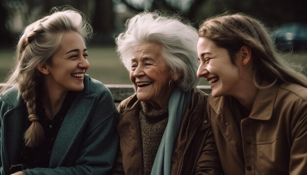 Tres generaciones de mujeres disfrutan de risas despreocupadas en la naturaleza generadas por inteligencia artificial