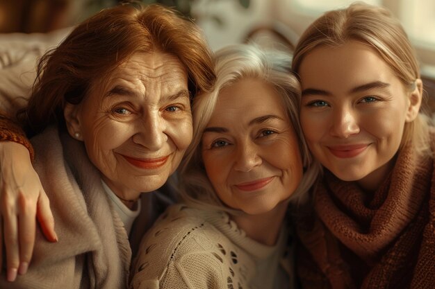 Tres generaciones de mujeres posando para una foto sincera