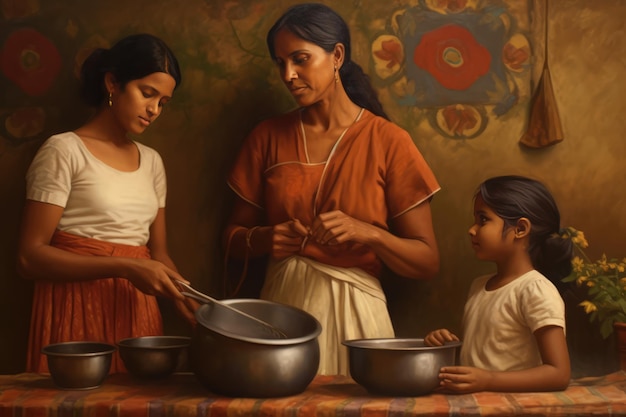 Três gerações de mulheres indianas cozinhando juntas