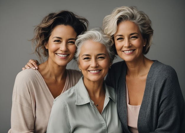 Foto três gerações de mulheres positivas sorrindo enquanto olham para a câmera e abraçando isolados em cinza