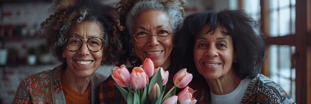 Foto três gerações de mulheres sorrindo juntas em um ambiente doméstico aconchegante segurando tulipas cor-de-rosa irradiando felicidade amor e calor familiar conceito do dia internacional da mulher