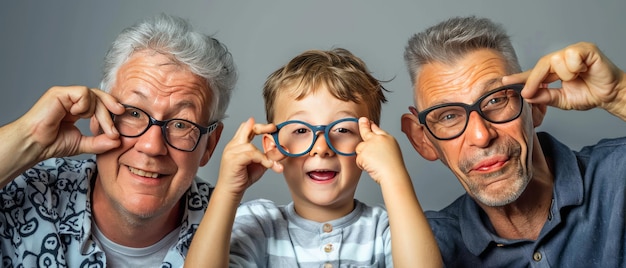 Três gerações posando para um retrato de família bobo avô pai e filho se divertindo