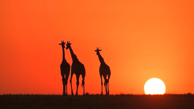 Três girafas ao pôr do sol