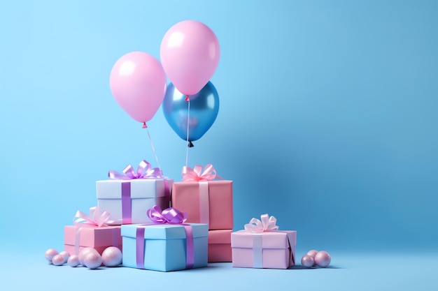 Tres globos con fondo azul y una cinta rosa atada a ellos