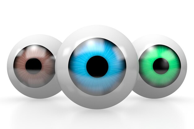 Tres globos oculares coloridos aislados sobre fondo blanco Ilustración 3D