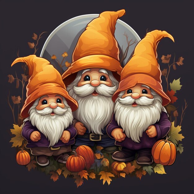 tres gnomos con calabazas y hojas frente a una luna llena generativ ai