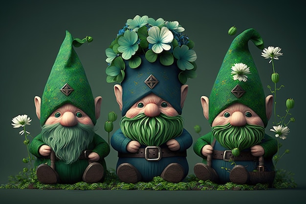 Tres gnomos con una flor en la cabeza