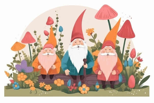 Tres gnomos en un jardín con setas