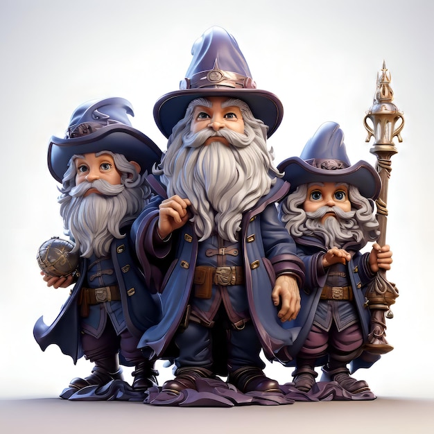 Três gnomos no estilo da ilustração 3D do século XIX