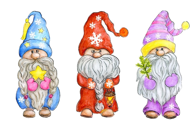 Tres gnomos con rama de abeto de la Estrella de Navidad y linterna en la víspera de Navidad Pequeños gnomos en gorras divertidas Gnomos lindos para tarjetas de felicitación o invitaciones de Año Nuevo