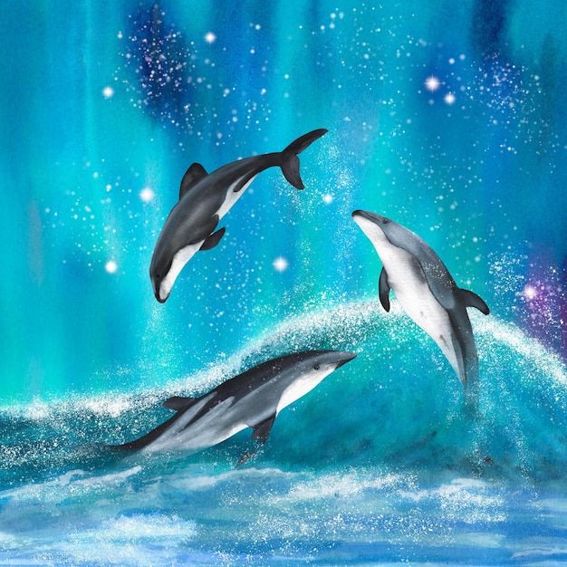 Três golfinhos em aquarela desenhados à mão