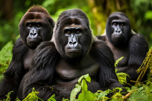 três gorilas sentados na selva com árvores e plantas